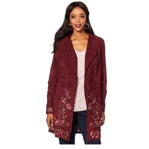 Curations Burgandy Bohemian Floral Faux Suede Lightweight Topper Jacket Size S